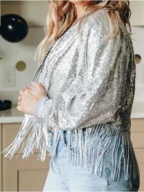 Grace & Emma Dancing Queen Shimmer Silver Sequin Fringe Bomber Jacket